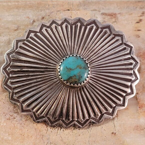 Vintage Old Pawn Sterling Navajo Cripple Creek Turquoise Concho Brooch Pin - Picture 1 of 7